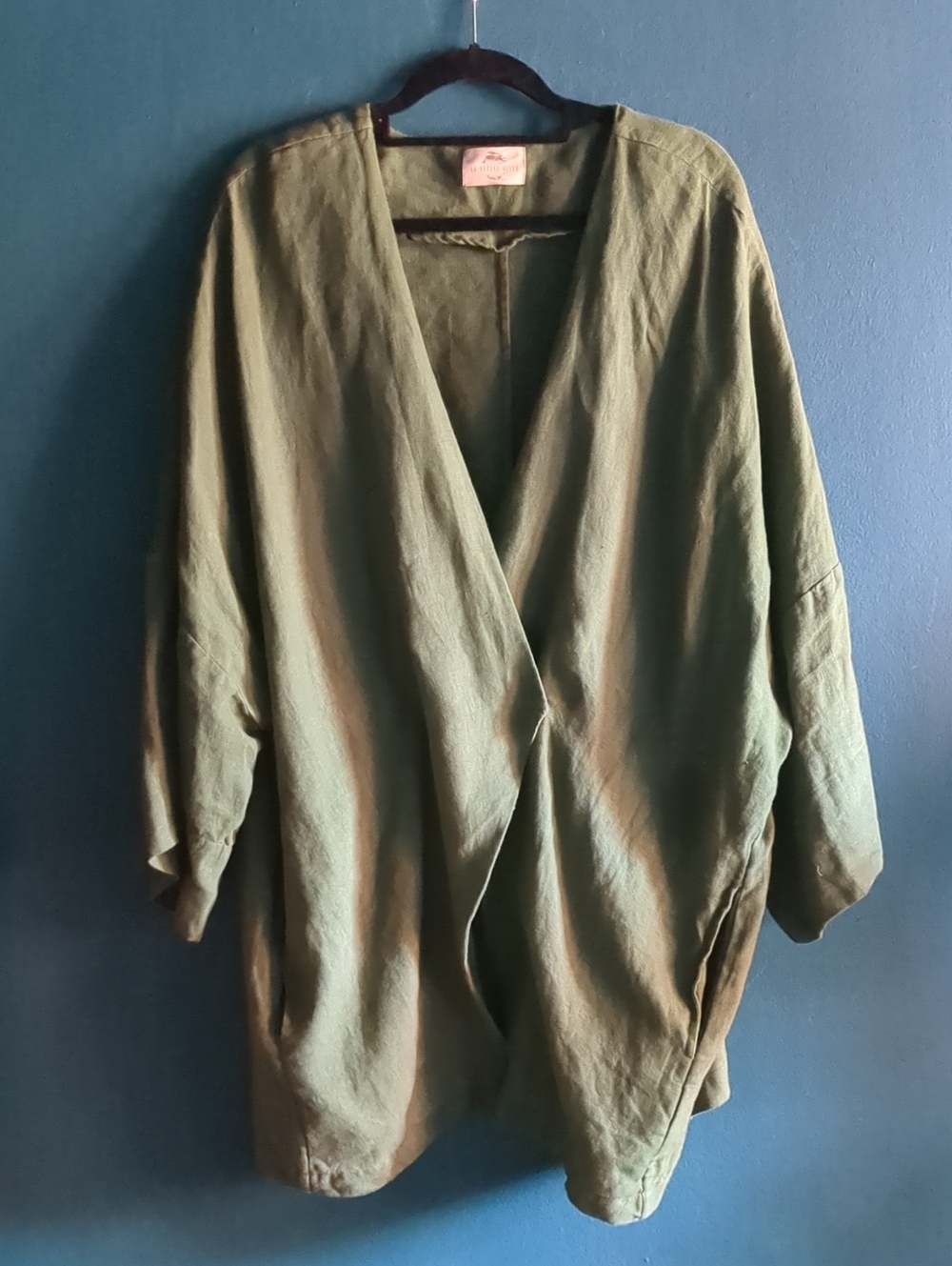 100% Linen La Petite Alice Forest Green Draped Kimono Jacket